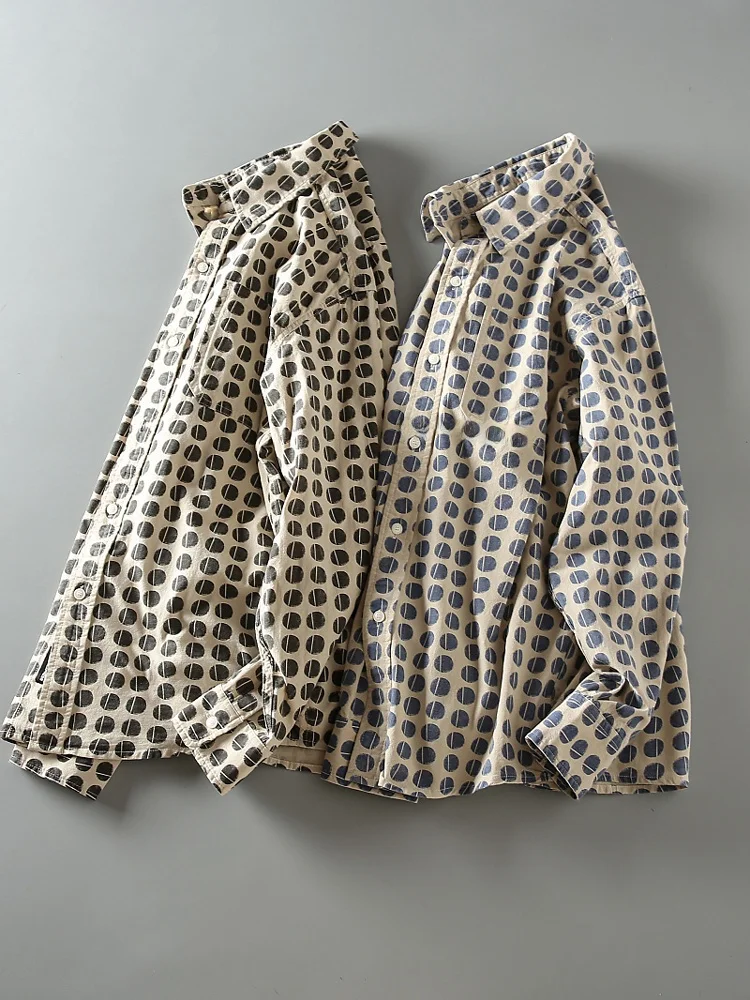 

Waed Pure Cotton Long Sve irt Spring New Sle American Retro Polka Dot Print Loose Casual Collar Men's Outerwear