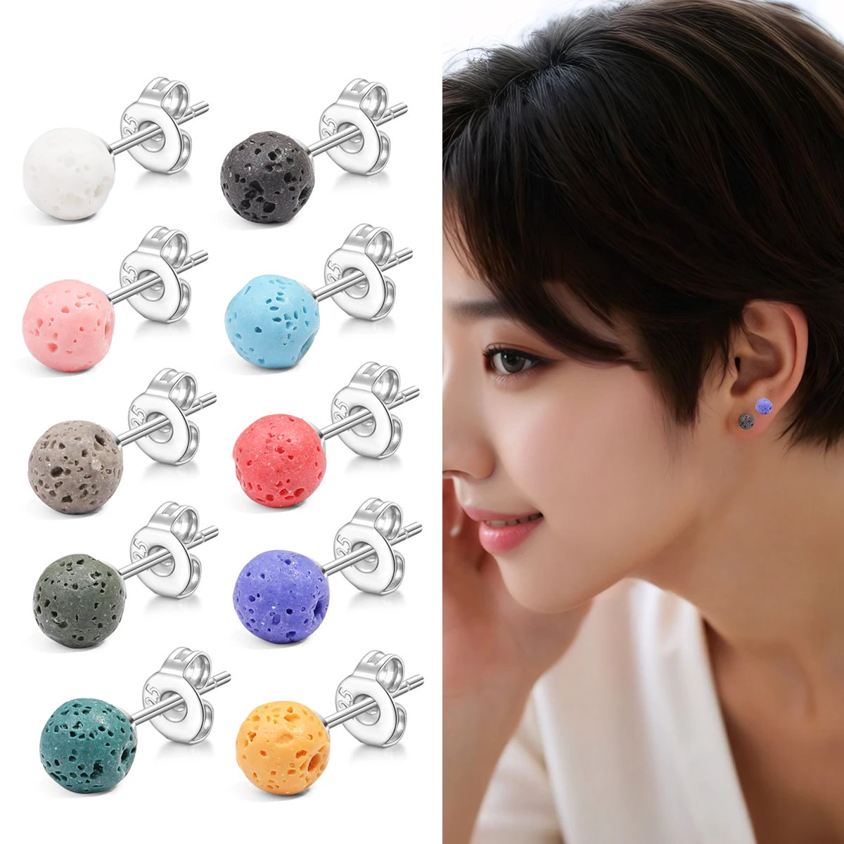 

Colorful Volcanic Stone Men's Women's Stud Earrings Couple Model 925 Silver 8mm Bead Stud Earrings Jewelry Wholesale