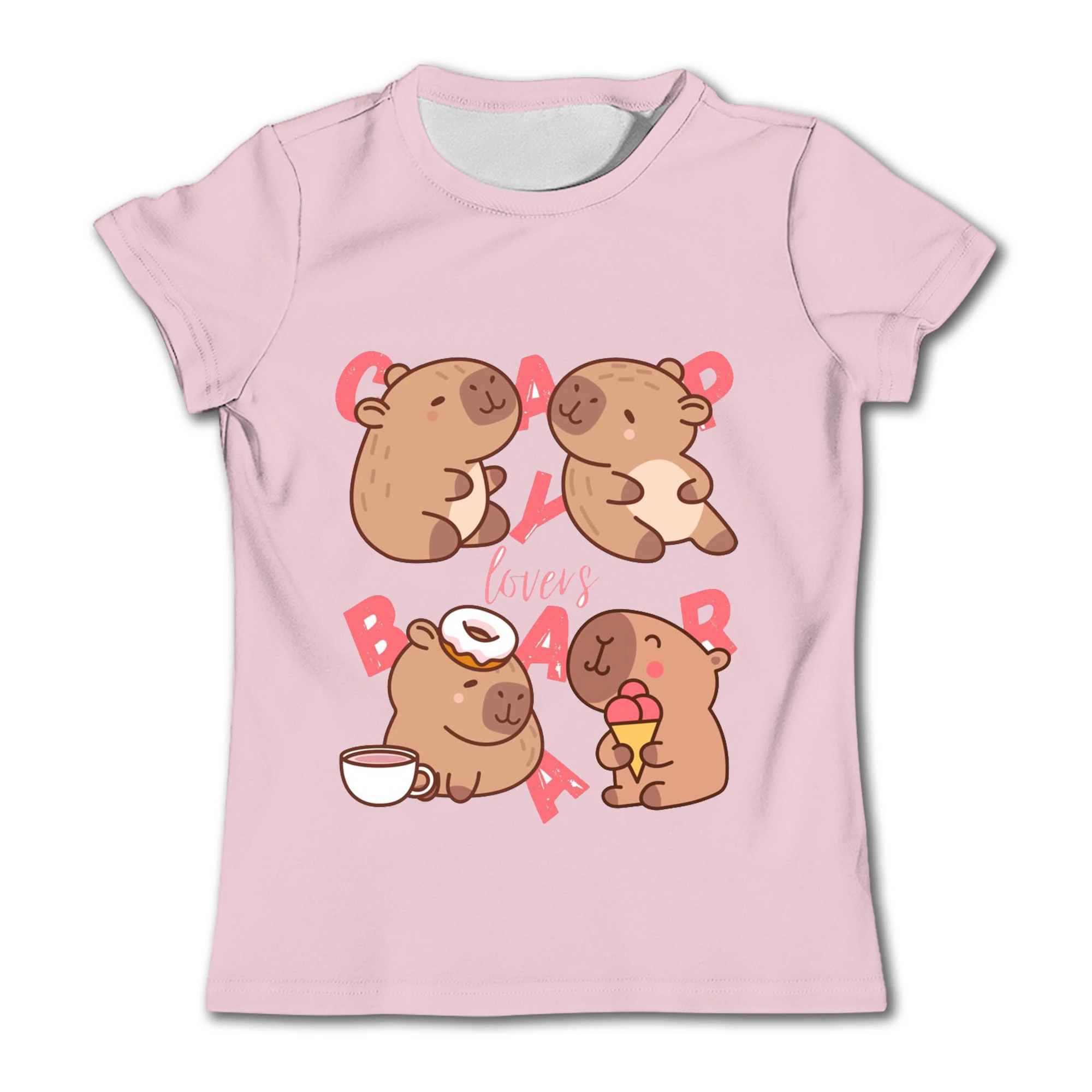 

Kawaii capybara lovers cartoon print kids T-shirt summer children's cotton short-sleeved casual tops for boys and girls