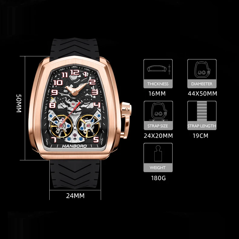 هانبورو ساعة أوتوماتيكية للرجال 44 مللي متر ساعة يد ميكانيكية مضيئة 50 متر مقاومة للماء هيكل عظمي مزدوج دولاب الموازنة