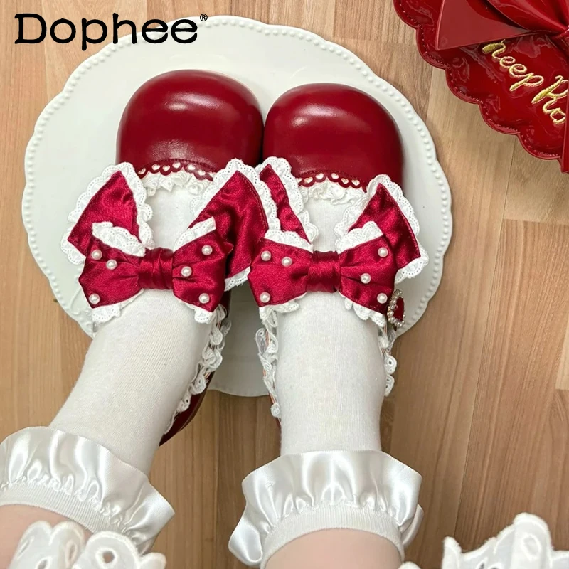 

Original Lolita Princess Tea Party Mary Jane Shoes Spring and Autumn Girl's Cute Bow Elegant Sweet High Heel Pumps Leather Shoes