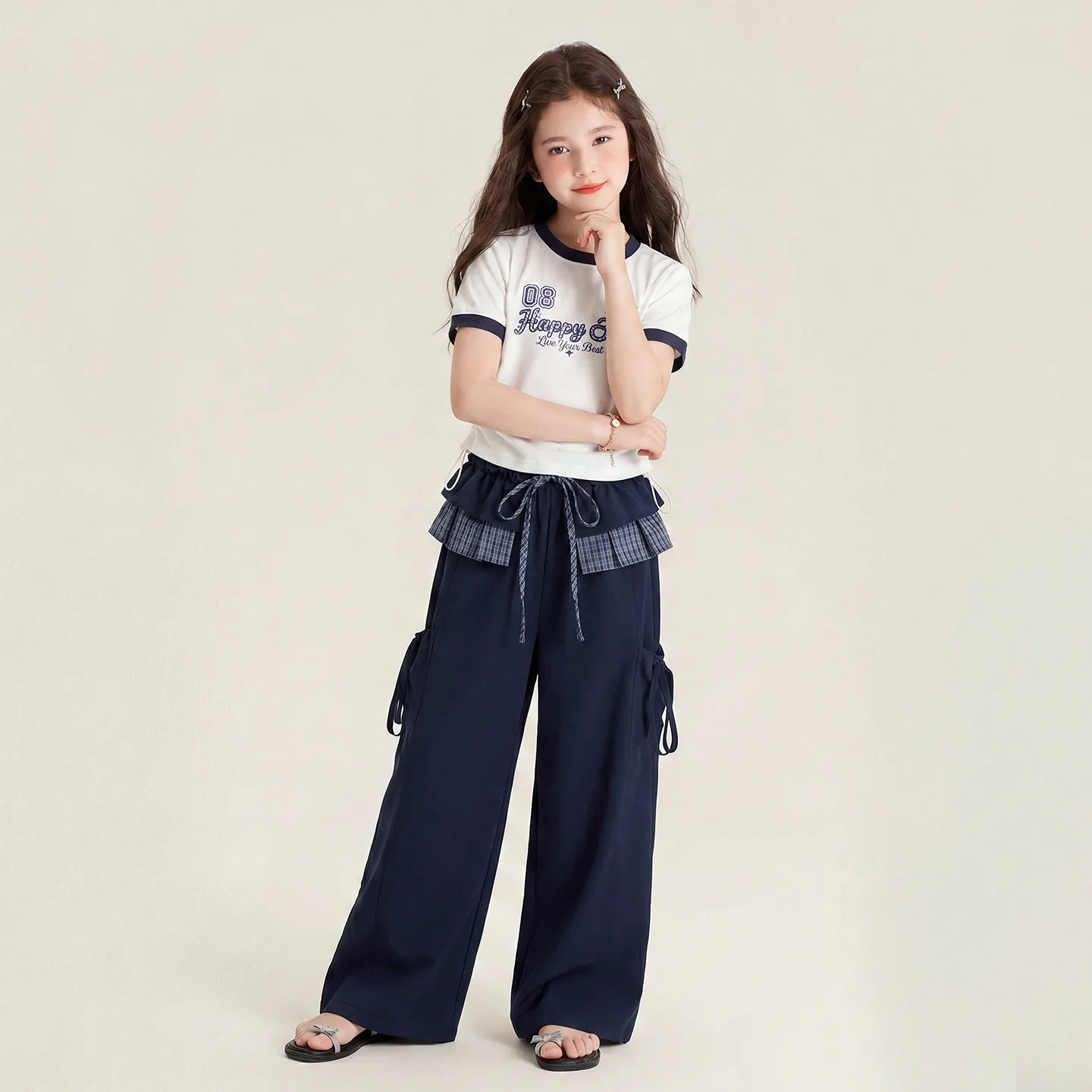 Girls School Casual Pants Wide Leg Pants Navy Blue Trousers with Plaid Ruffle Waist Elastic Drawstring Preppy Style Kids Bottoms