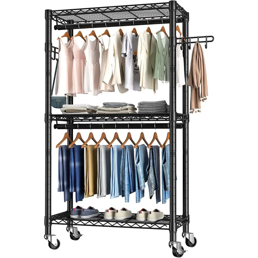 Sturdy 3-Tier Adjustable Rolling Garment Rack with Double Hanging Rods for Clothes Storage