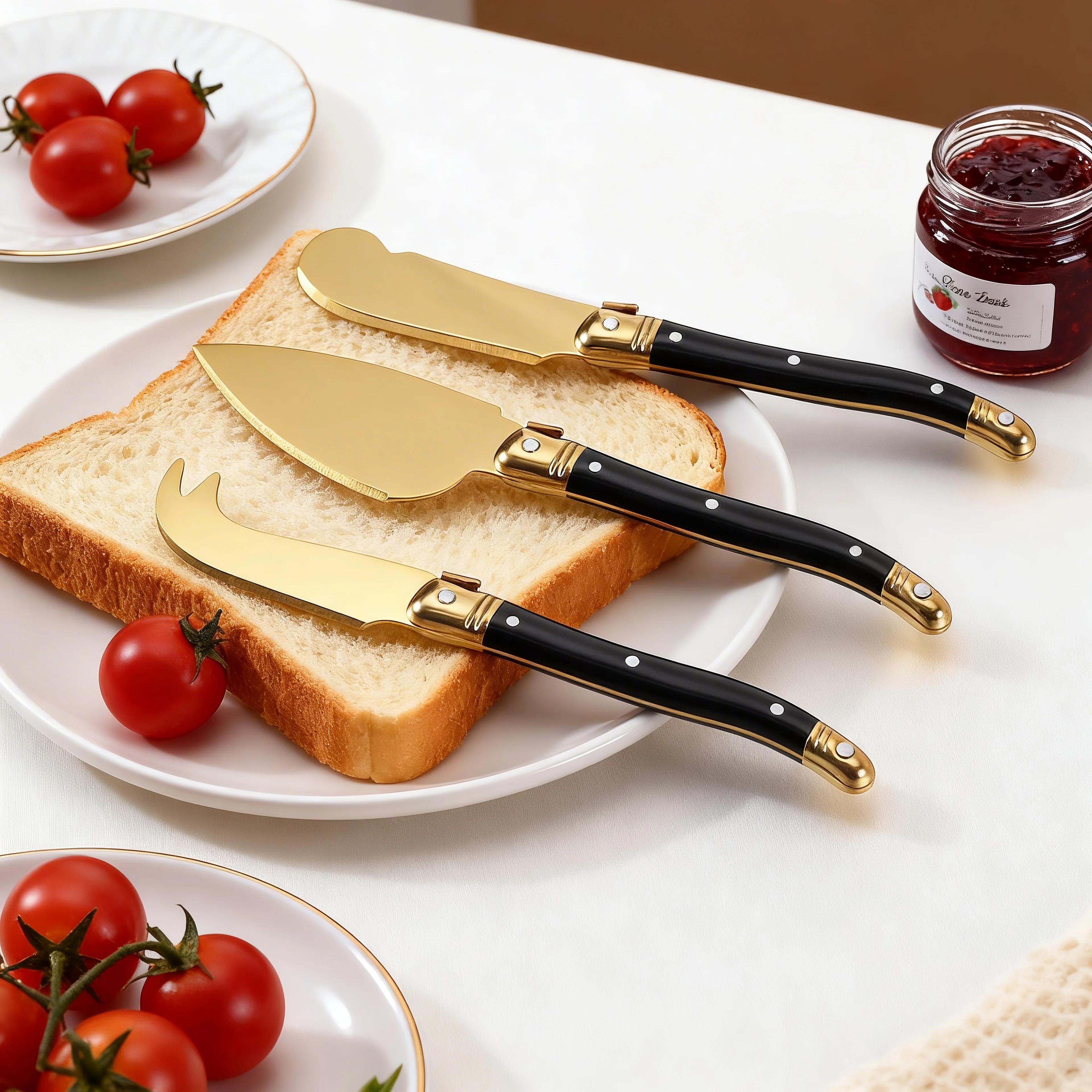 Jaswehome 3-teiliges Käsemesser-Set, goldener Buttermesser-Schneider, Buttermesser mit ABS-Griff, Käsespatel, Creme- und Marmeladenschaber, Käsewerkzeuge