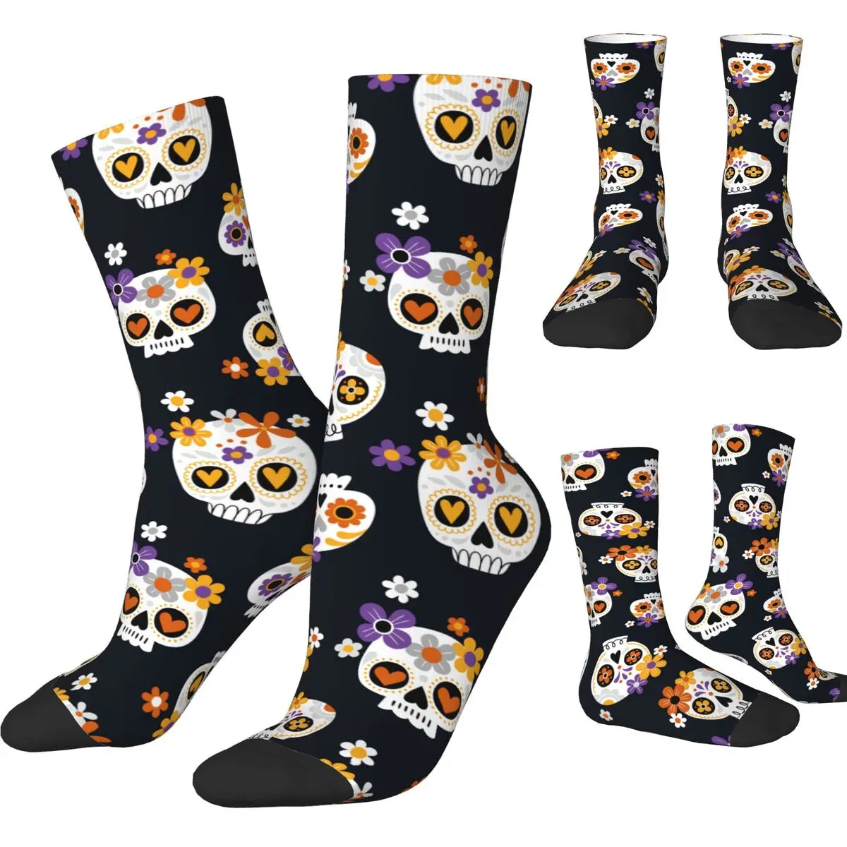 Day Of The Dead Harajuku Cute Sugar Skulls And Flowers Skateboard Socks Polyester Middle Tube Sock for Women Men Sweat Absorbing