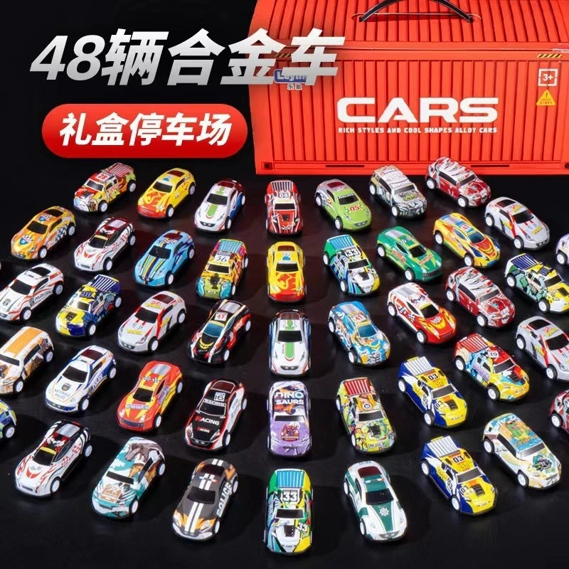 48PCS Container Simulation Alloy Car Model Finale Alloy Inertia Pull Back Mini Car Toy Boy Engineering Car Set Toy Birthday Gift