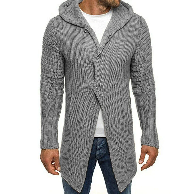 

Vintage Solid Knitted Overcoats Men Fashion Button-up Hooded Long Sweater Coats Mens Clothes Winter Warm Knit Hooded Cardigans