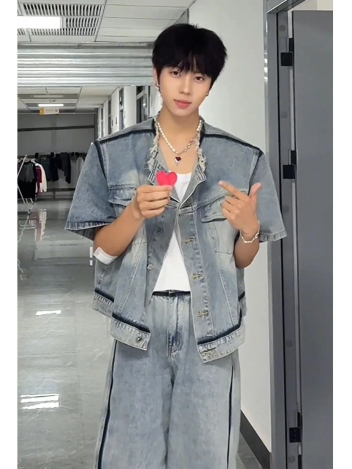 

Light Blue Shoulder Pad Denim Short Sleeve Shirt Men's High-End Feeling Cool Summer Thin Seven-Arm Shirt Casual Street Style