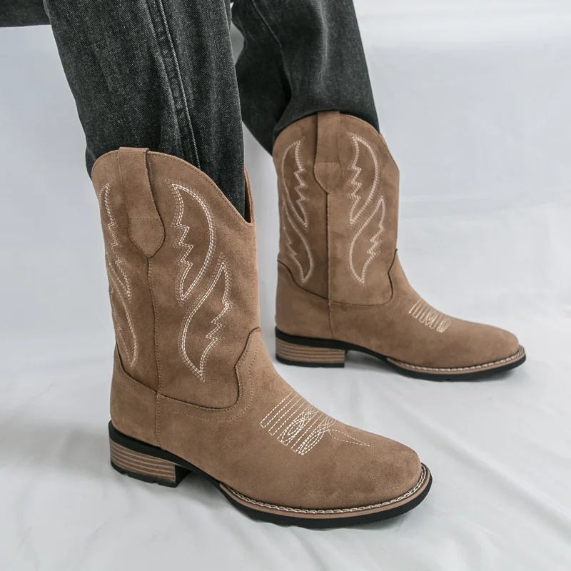Men's Boots Embroidery Western Cowboy Boots Retro Suede Leather Mid-calf Boots Comfortable Men's Shoes Outdoor Slip on Long Boot