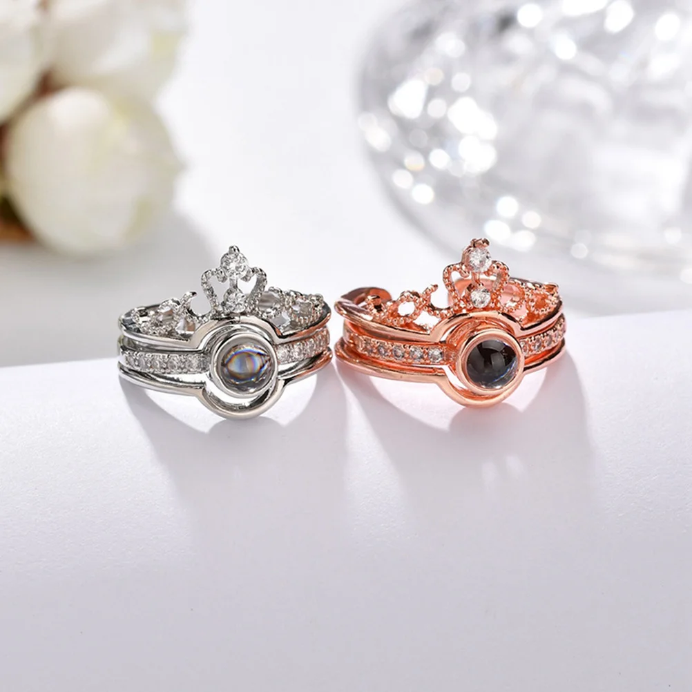 

100 Language I Love You Projection Ring Zircon Crown Shaped Copper Jewelry Gift for Couple Anniversary Birthday Holidays