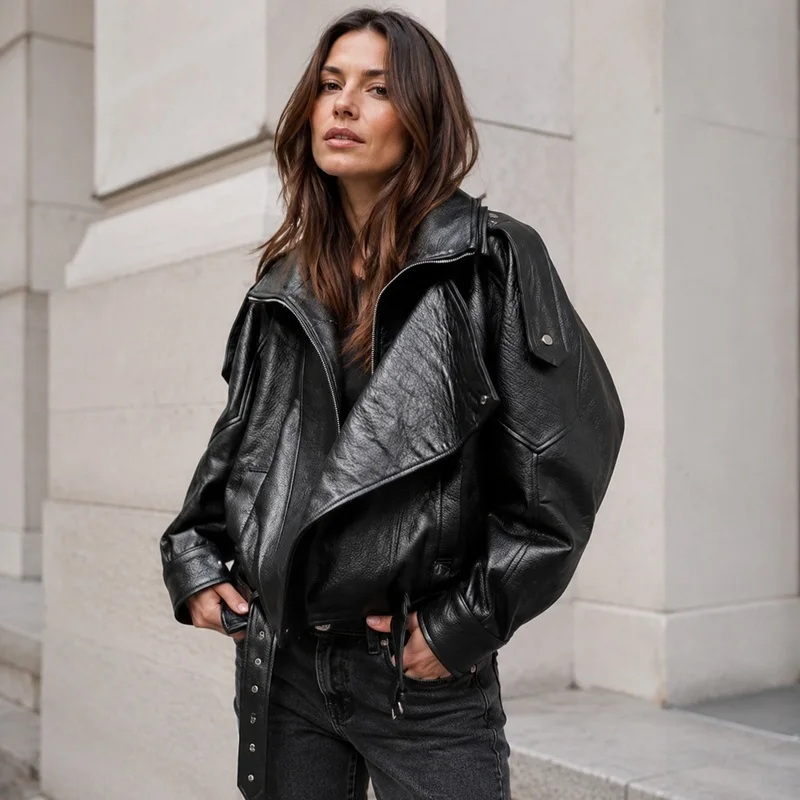 Women Oversized Faux Leather Moto Jacket Cropped Double Collar Loose Fit Biker Coat Fall Streetwear