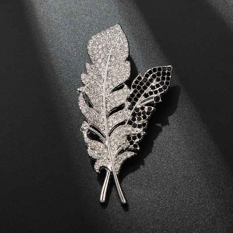 Elegant Rhinestone Black White Feather Brooch Pin For Women Clothing Coat Jewelry Accessries Gifts