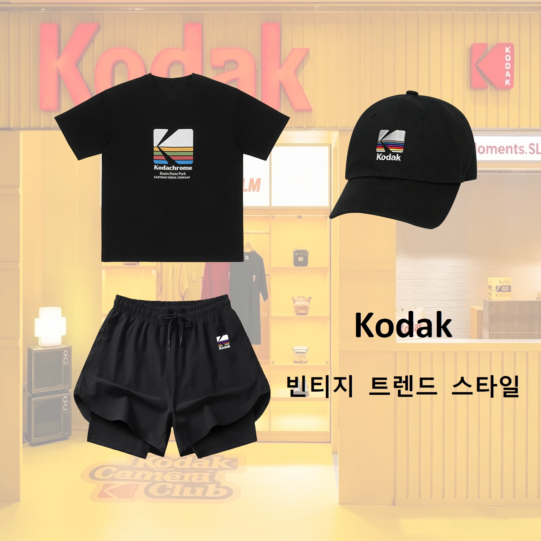 Conjunto Casual de Verão Kodak: Shorts Esportivos, Boné e Camiseta de Algodão Respirável para Homens e Mulheres - Mais Vendido