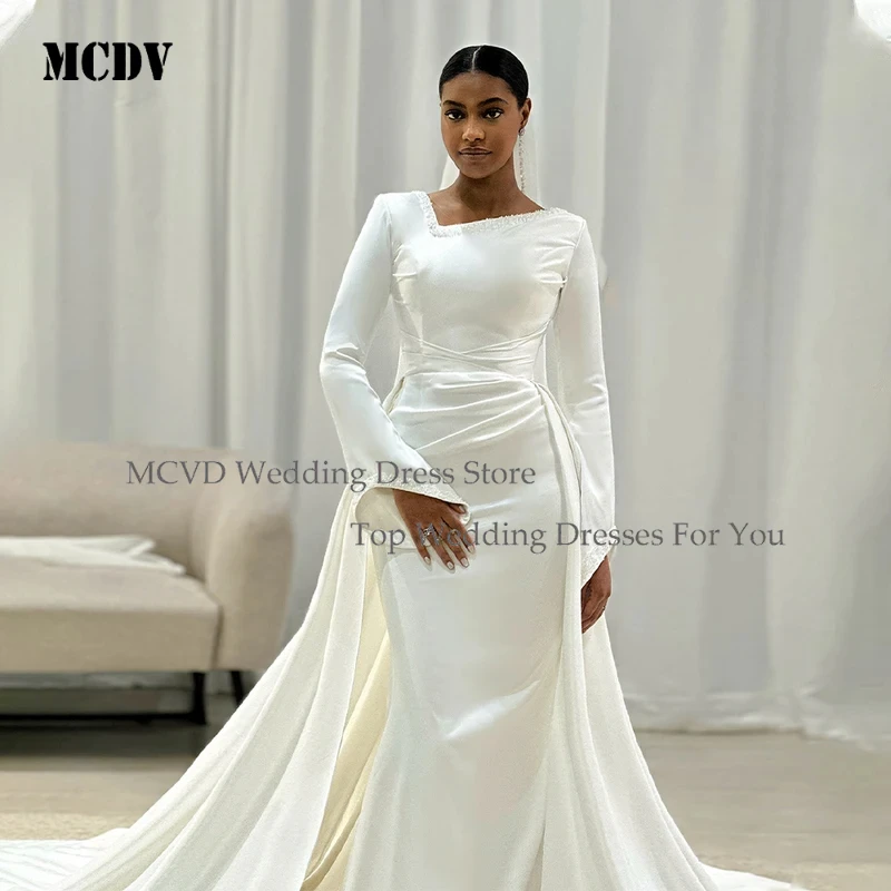 MCDV Long Sleeve Satin Mermaid Wedding Dress with Unique Neckline Detachable Train Custom Made 2025 Bridal Gown for ModernBrides
