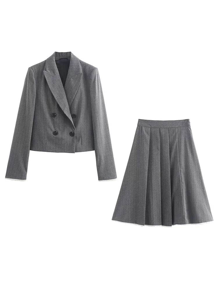 HH TRAF Female Winter Chic Pinstripe Double-Breasted Lapel Blazer+High Waist Lace Patchwork Pleated Midi Skirt 2-piece Set Mujer