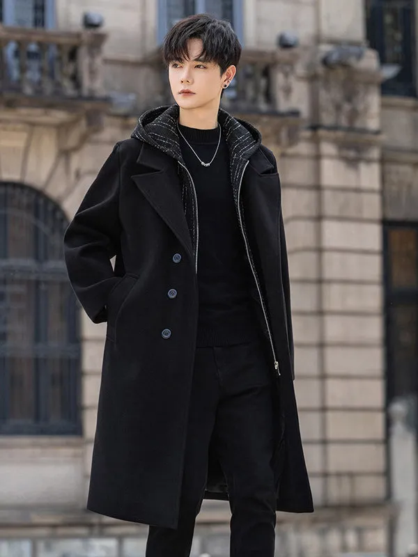 Men's Woolen Coat with Double-Breasted Design And Hooded Russian Style Neapolitan Outerwear Warm And Casual Long Sleeve Coat