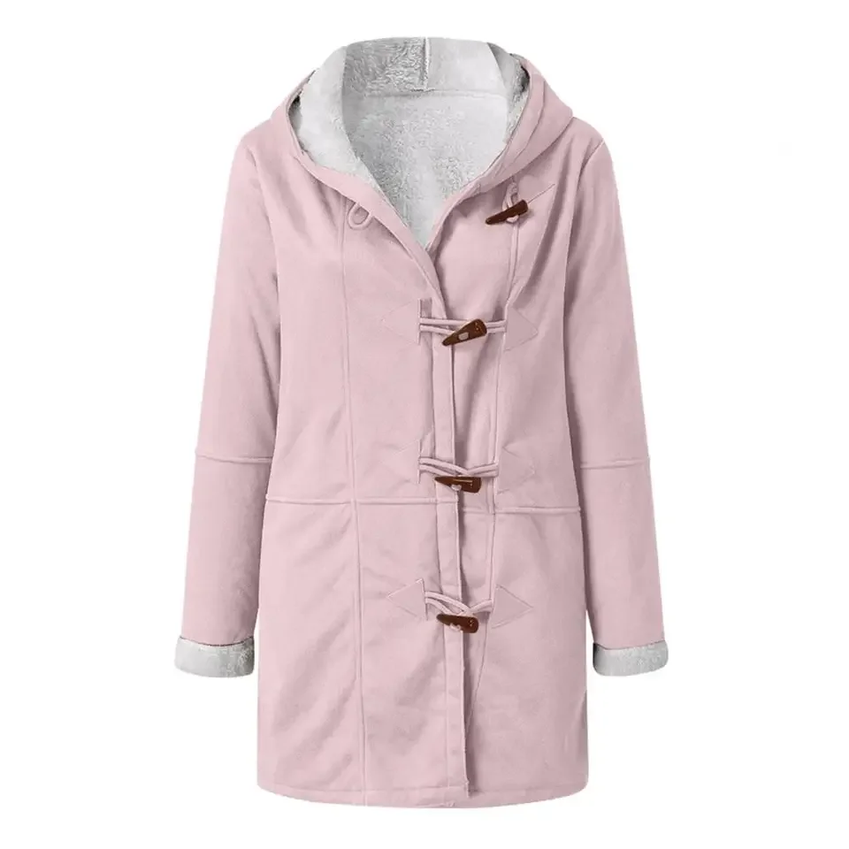 2025 Horn Buttons Women Fuzzy Fleece Lined Hooded Horn Buttons Medium Length Overcoat Winter Windproof Furry Outerwear