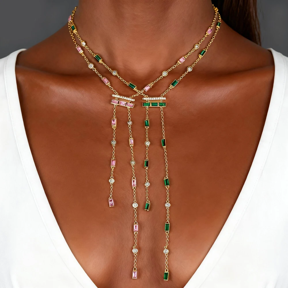 Fashion Romantic Gold Color Green Pink White Zirconia Paved Charm Link Chain Long Sexy Women Y Lariat Necklace Fashion Jewelry
