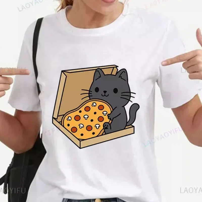 Kawaii Pizza Cat Graphic T-shirt Summer Woman Cotton Clothes Harajuku Top Street Outdoors Cat Lover Fashion Trend Casual Top