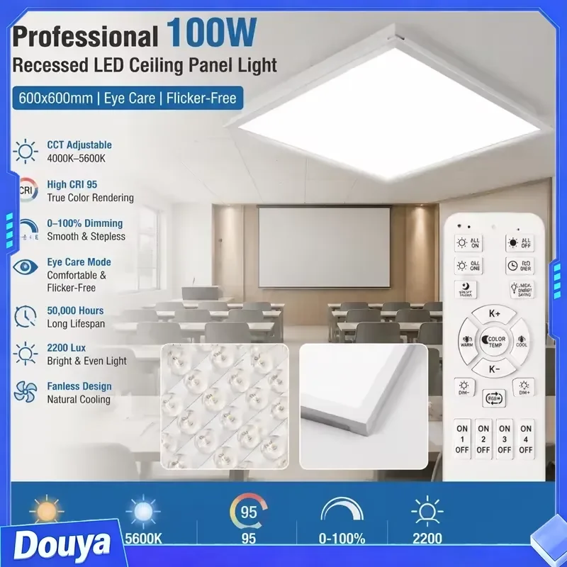 Recessed LED Panel Tunable White 4000K-5600K High CRI 95 Full Range Dimming Remote Recording Classrooms 2200 Lux Illuminance