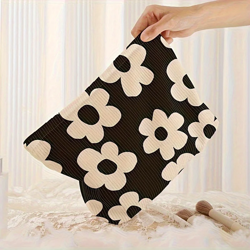 Fashion Corduroy Makeup Bag Large Capacity Portable Stationery Bag Lightweight Flower Pattern Toiletry Bag