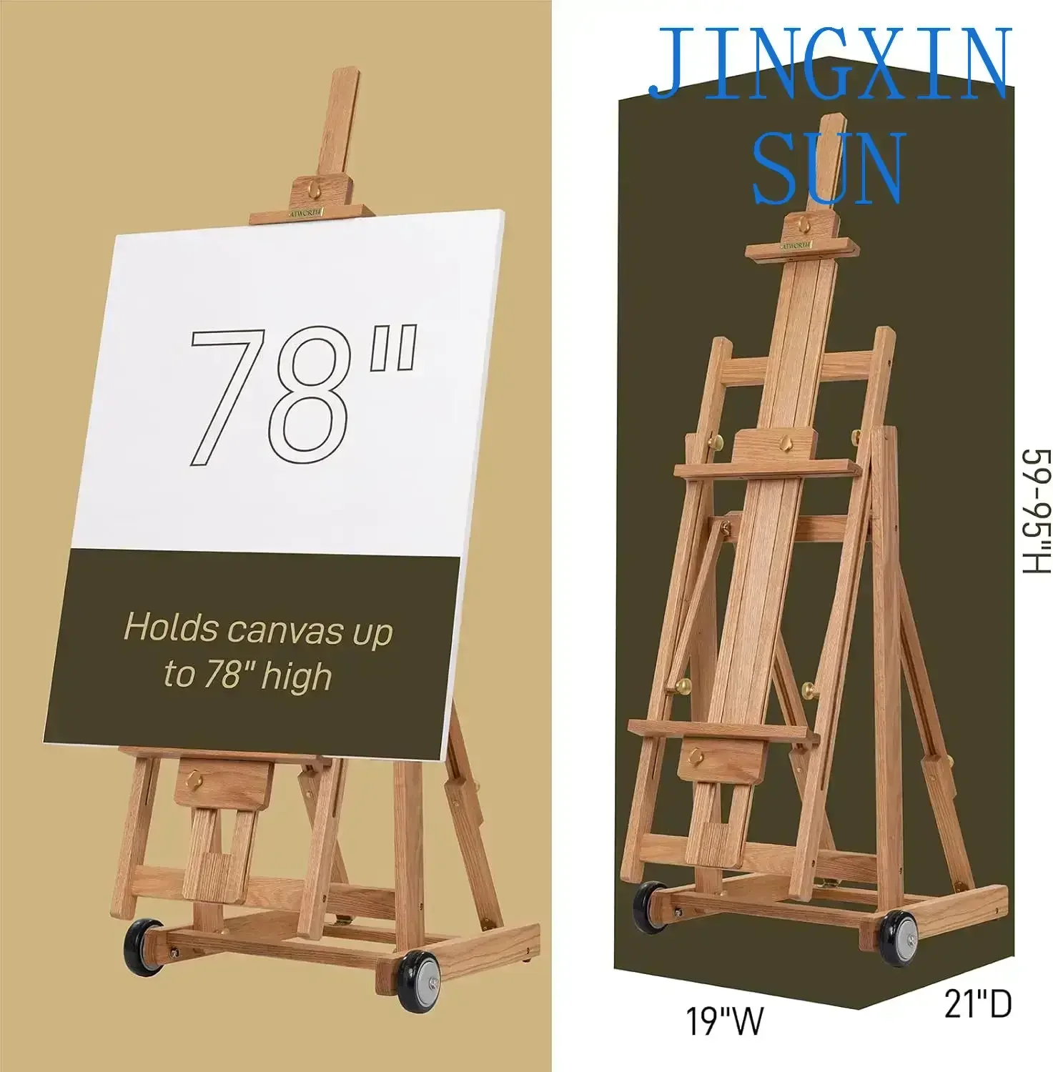 Modern Simple Deluxe Red Oak Wooden Multi-Function H-Frame Artist Easel, Floor Easel Stand with Wheels