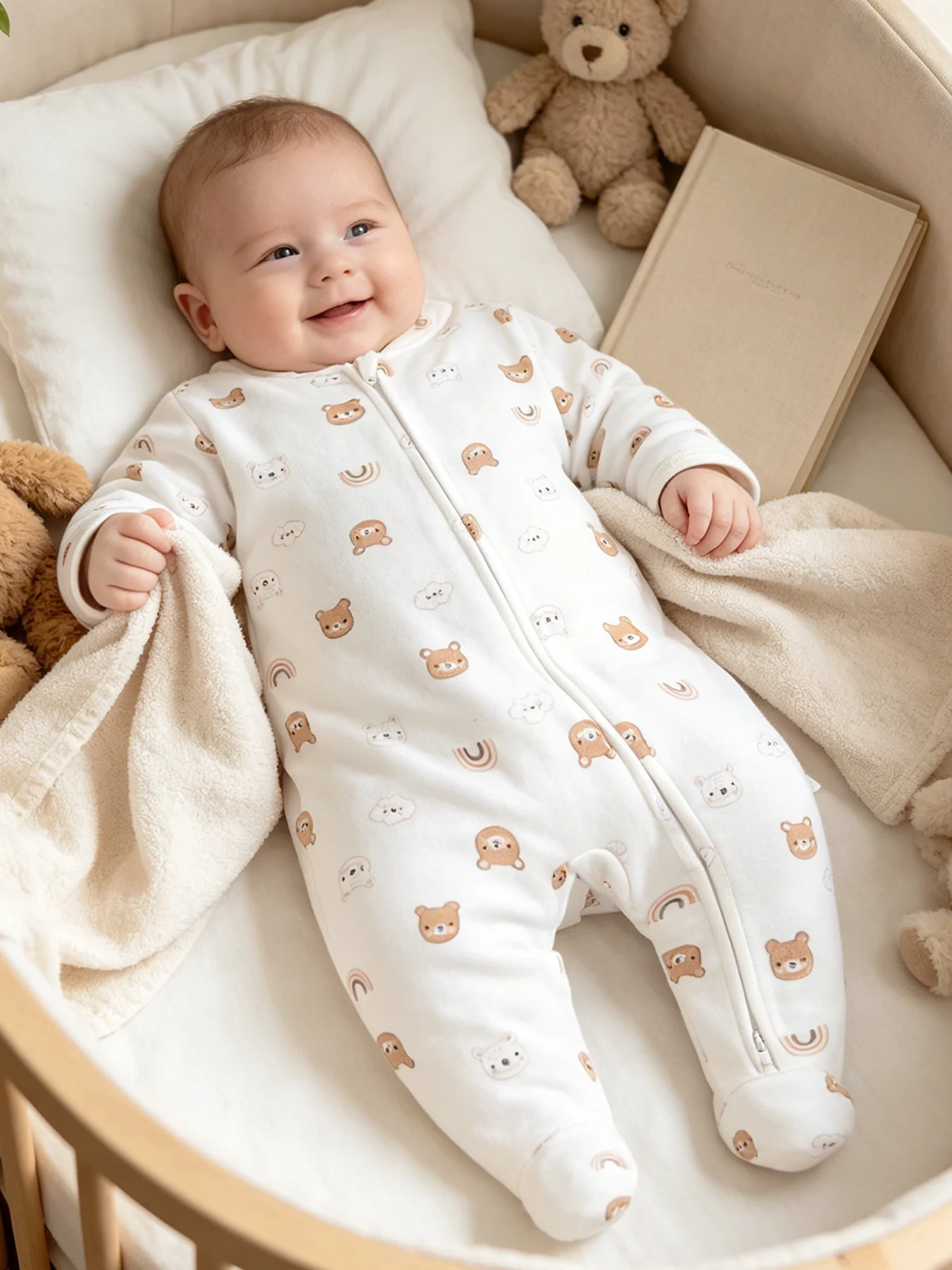 TtkaaBaby Baby-Jungen-Set aus 100 % Baumwolle mit Bären- und Wolkenmuster, langärmlig, mit Doppelreißverschluss, zweiteiliger Baby-Strampler – Geschenk zum Vollmond – Detail 13