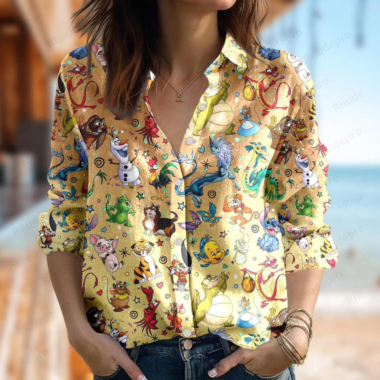 

Disney Cute Minnie Mouse Women's Shirt Casual Button Up Long Sleeve Shirt Tops Summer Vacation Women Fashion 3d Hawaiian Shirts