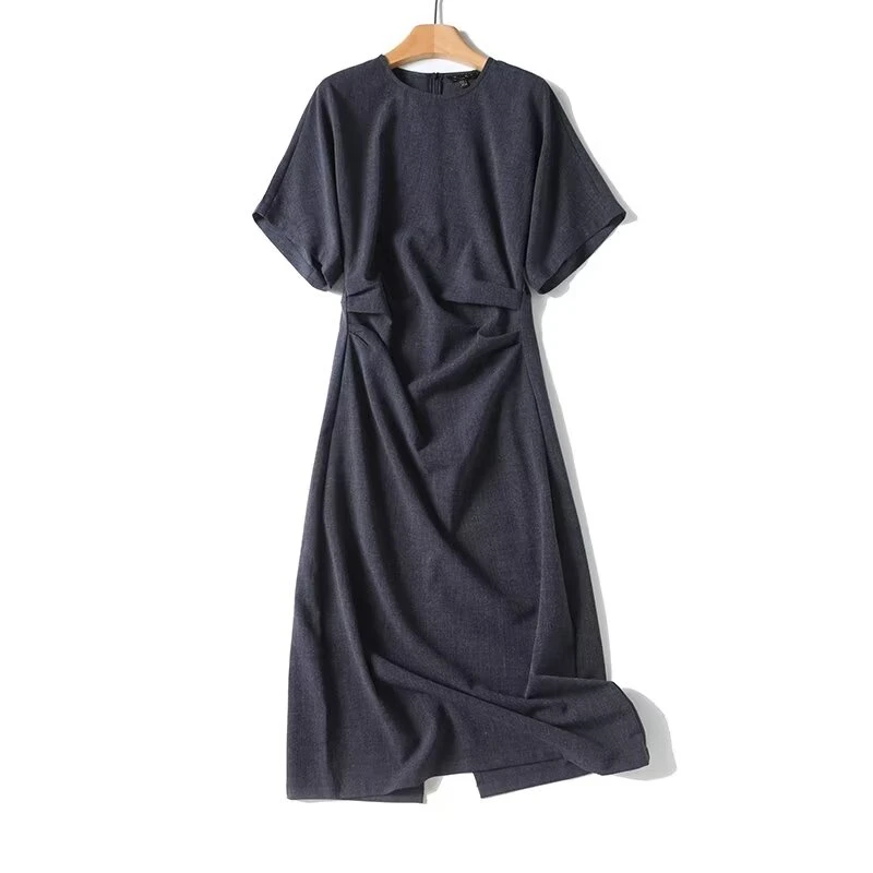 Withered French Minimalist Pleated Dress Women Grey Midi Dress For Commuting Casual Elegant Short Sleeve Vestidos