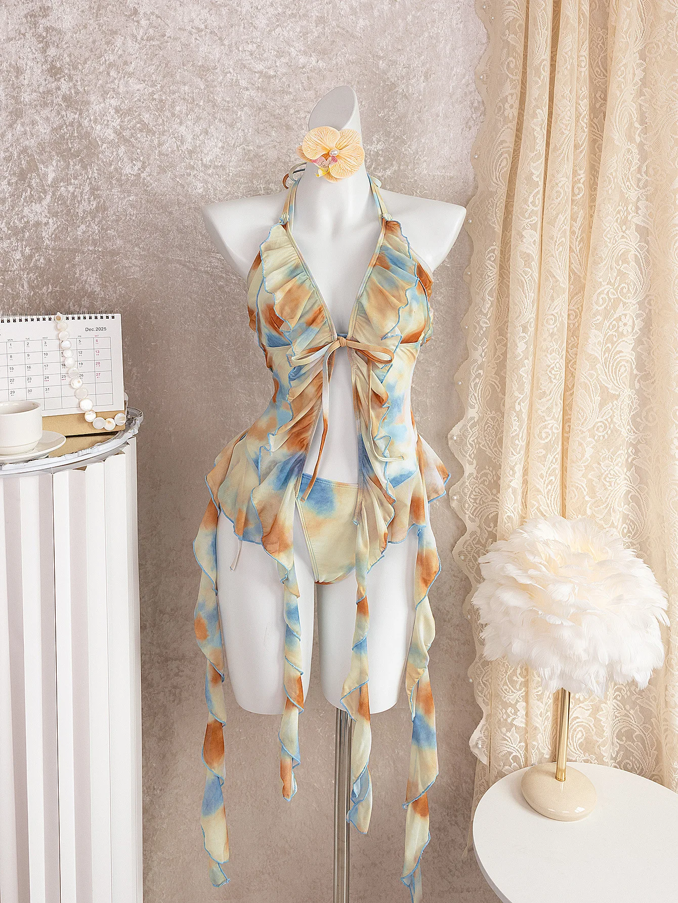 Sexy Beige Tie Dye Gradient Bikini Set 2026 Women Front Tie Cover Up 3 Piece Swimsuit Beach Push Up Bathing Suit Thong Swimwear