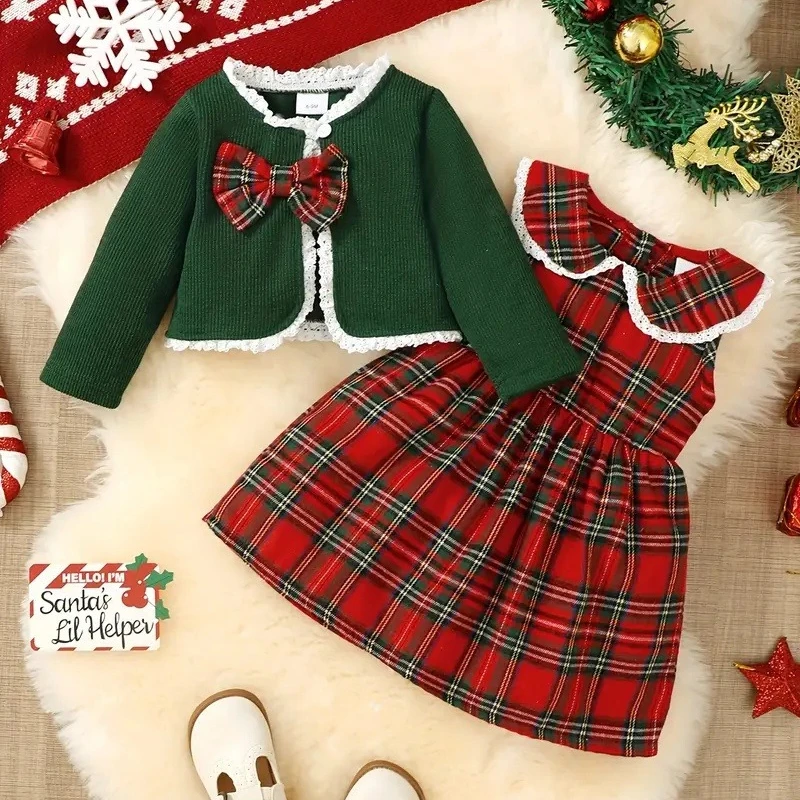 Kid's Girls Clothes Toddler Baby Girls Dresses Set Long Sleeve Dresses For Christmas Party For Fall Winter For 2 3 4 5 6 7 Years