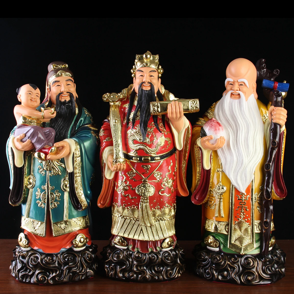 40cm large 3PCS Asia HOME SHOP Good luck God buddha efficacious bless Fu Lu Shou safe health patron saint FENG SHUI statue