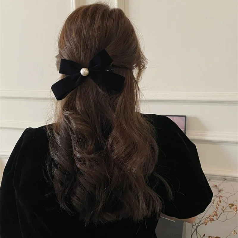 French Retro Black Velvet Pearl Bow Elegant Spring Clip New Back Head Hair Clip Hairpin Women