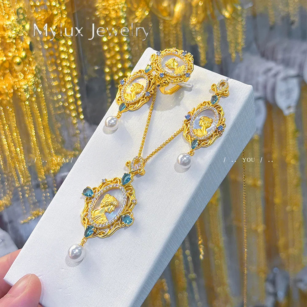 Mylux Jewelry French retro Rococo style queen jewelry 9999 24K real gold medieval palace style mother-shell queen pearl necklace