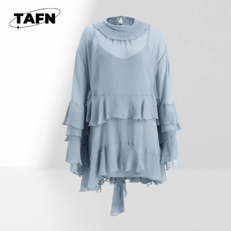 Luxury Women's Chiffon Ruffle Mini Dress High Neck Pleated Flare Sleeve Layered Elegant Party Cocktail Dress BF2035