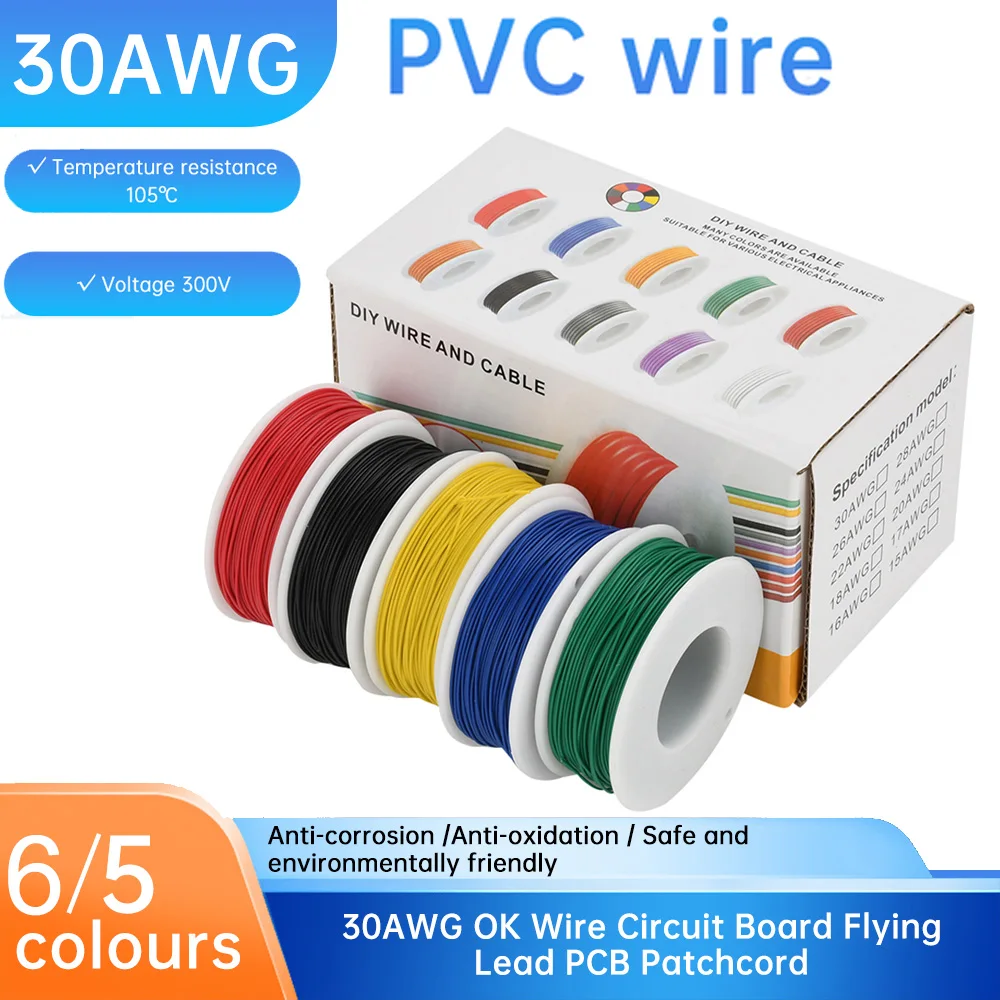 5/6 Roll 30 AWG Stranded Wire Spool-Flexible PVC Tinned Copper Electronic Wi - Electrical Tinned Copper Wire-5 Colors/6 Colors