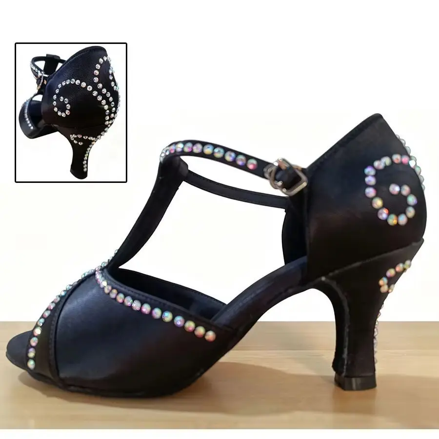 

Women's Latin Dance Shoes Rhinestone Closed Toe Satin Ballroom Dance Heels Elegant Black Satin Crystal Dance Performance Shoes
