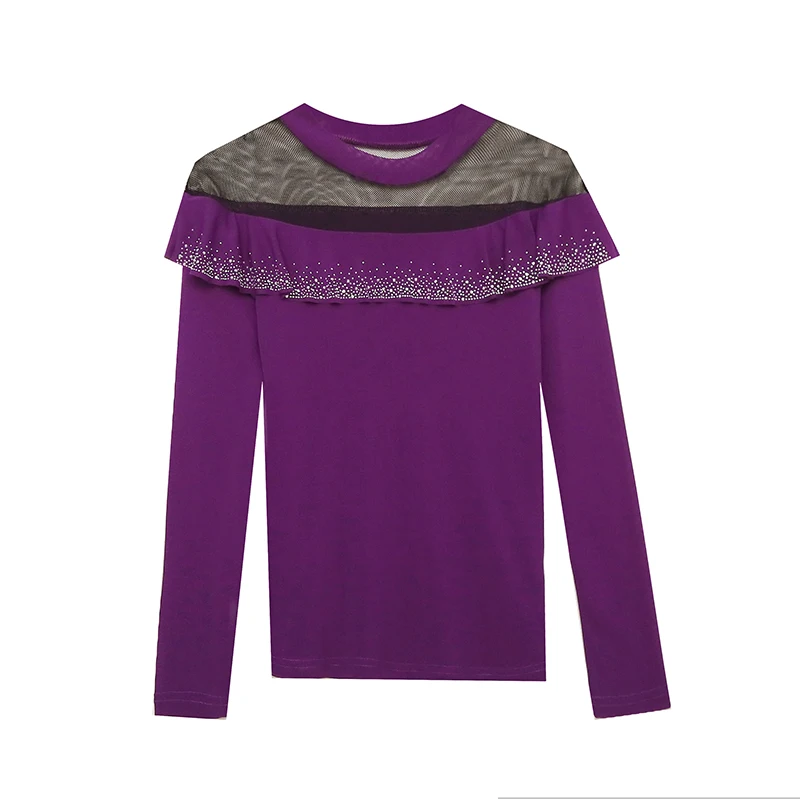 Primavera otoño mujer camiseta Patchwork malla diamante camisa cuello redondo moda coreana manga larga volantes Casual Tops