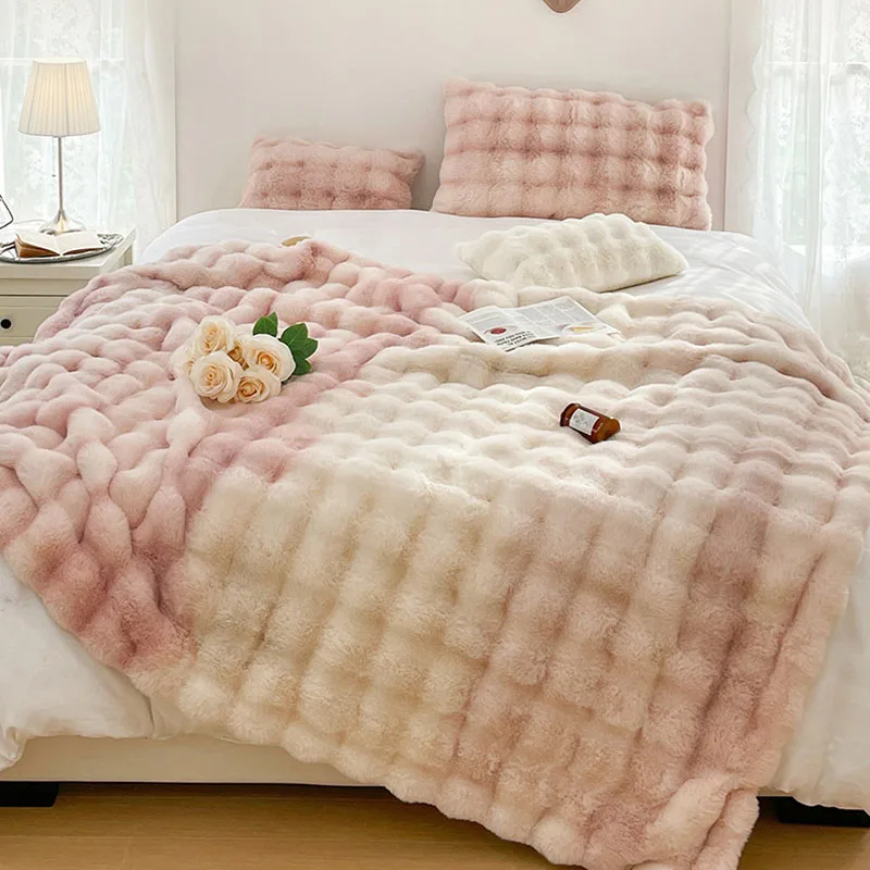 Luxury Thickened Rabbit Fur Plush Blanket High End Ultra Soft Cozy Office Nap Blanket Autumn Winter Sofa Cover for Living Room