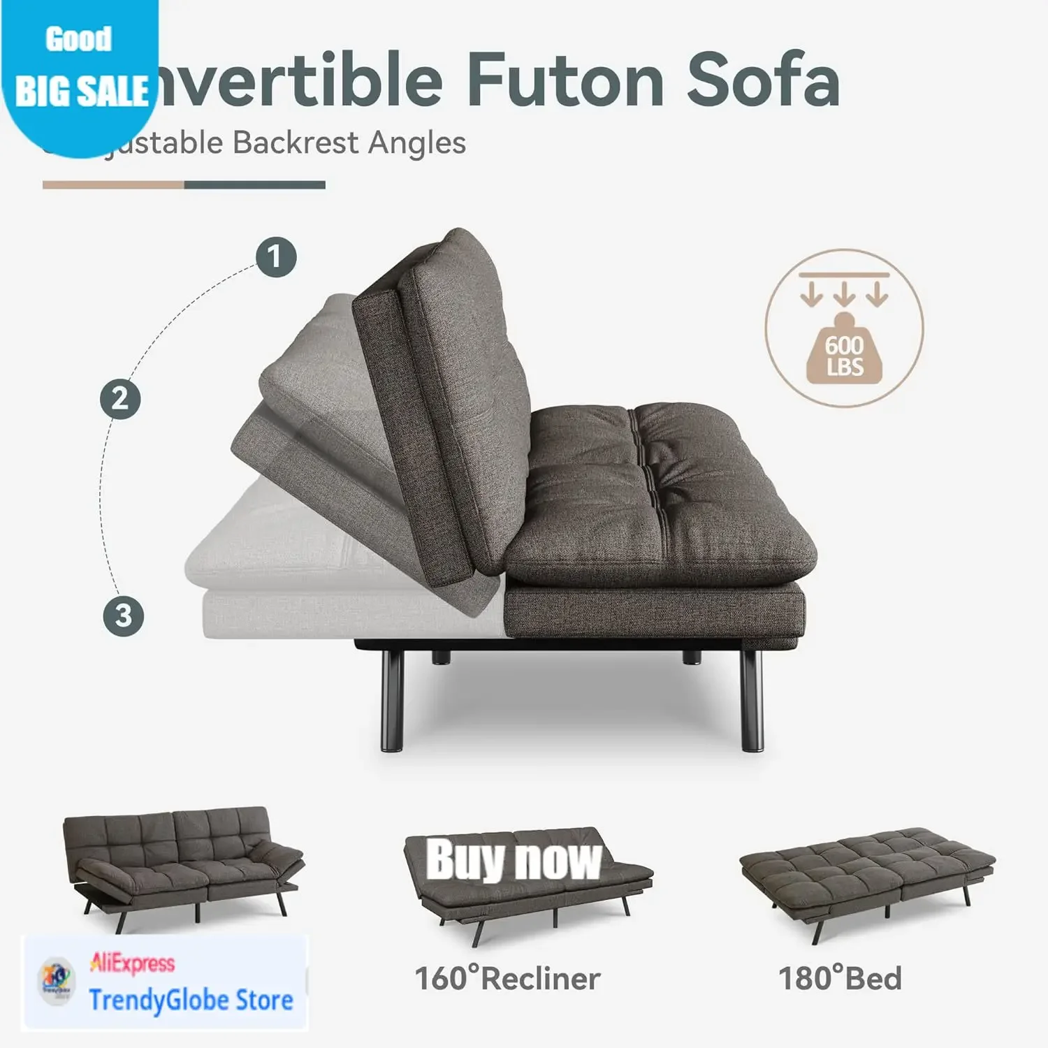 

Бестселлер: Идеальный раскладной диван-кровать, серый льняной диван-кровать с пеной с эффектом памяти, регулируемой спинкой и подлокотниками, многофункциональный