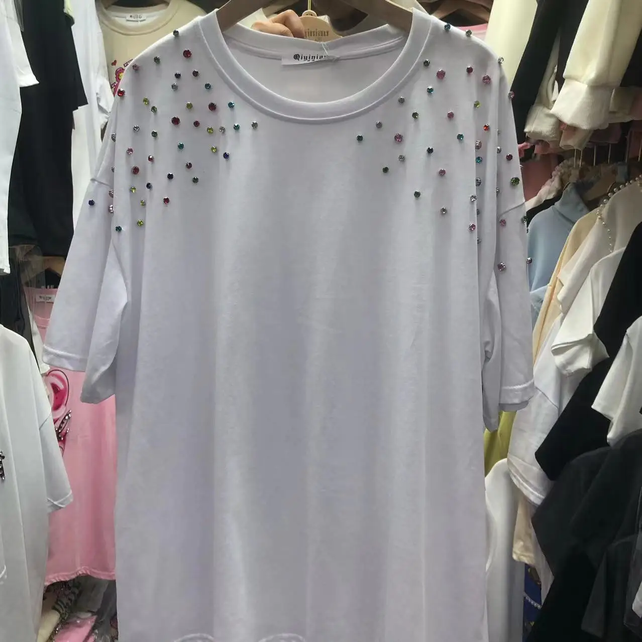 Cotton Colorful Diamonds Short Sleeve Tshirt For Women Loose Casual T-shirt 2024 Spring Summer Mid-length Tops Tees Camiseta