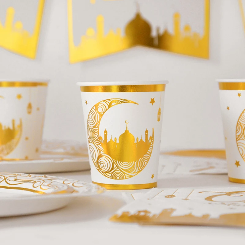 Eid Mubarak Disposable Tableware Gold Plate Cup Banner Gift Bags Islamic Muslim Party Supplies 2025 Ramadan Kareem Decorations