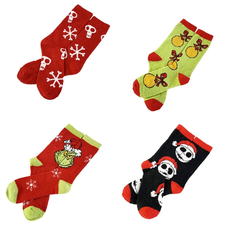 Women Men Christmas Fuzzy Slipper Socks Novelty Funny Skull Snowflake Patterns Halloween Holiday Coral Sleep Foot