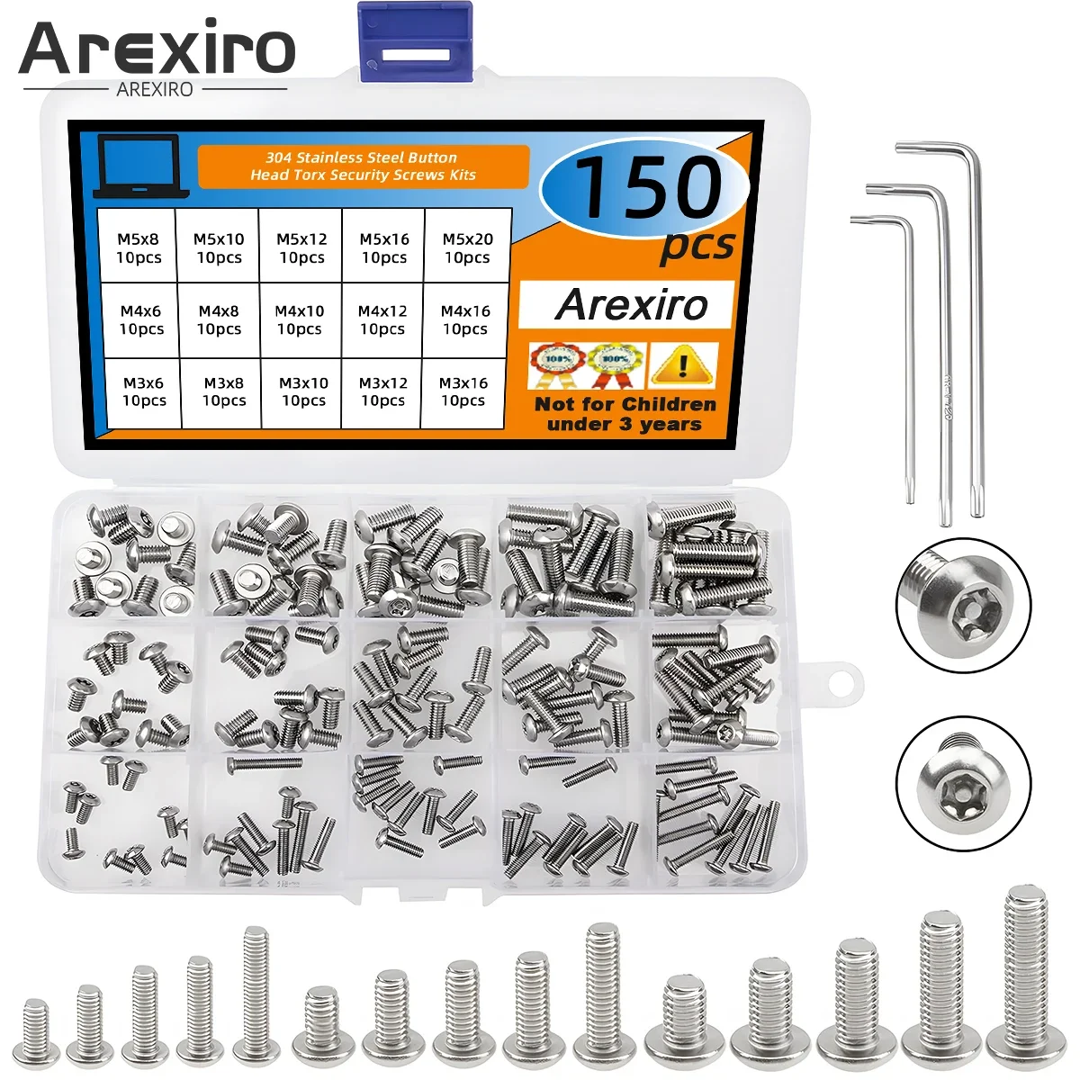 

150Pcs 304 Stainless Steel Button Head Security Screws Tamper Resistant Screw Assortment Set M3 M4 M5 with 3 Wrench