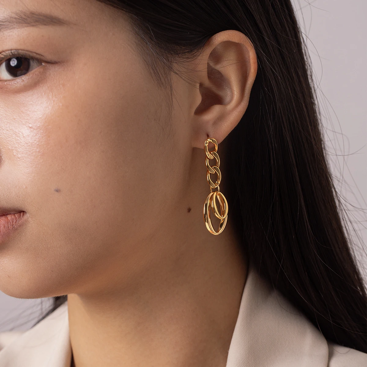 

18K Gold Plated Stainless Steel Earrings For Women Chain Link Double Oval Dangle Drop Tarnish Resistant Daily Jewelry