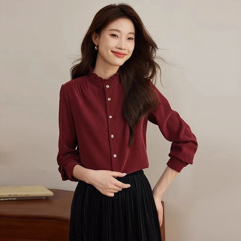 Gebürstetes Hemd im französischen Hofstil für Damen im Herbst und Winter mit Stehkragen-Ohrring-Design und langärmeligem, elegantem Oberteil