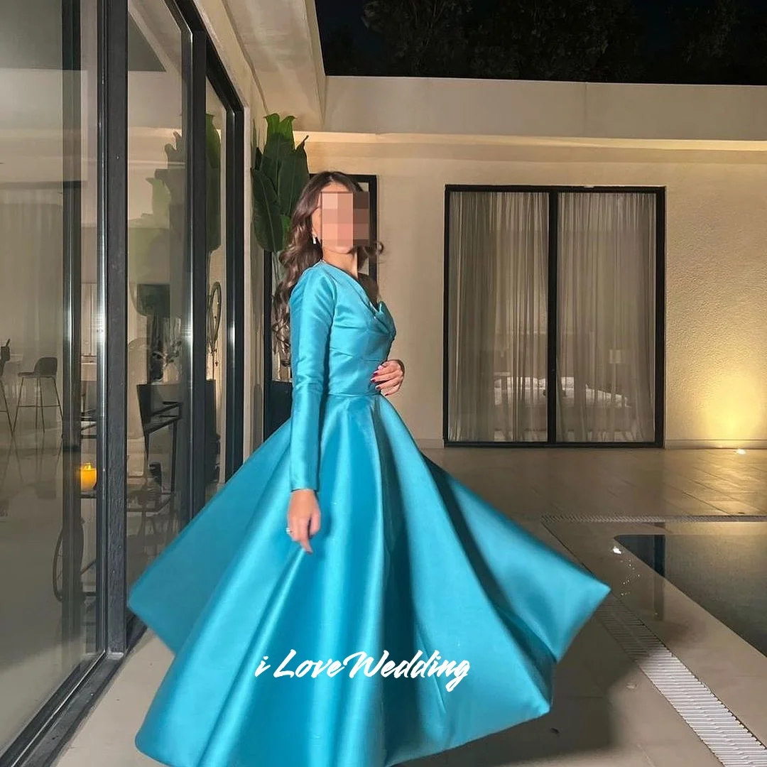 Robe de bal bleue en Satin, asymétrique épaule dénudée, manches longues, ligne a, longueur au sol, robe de soirée de mariage plissée, personnalisée