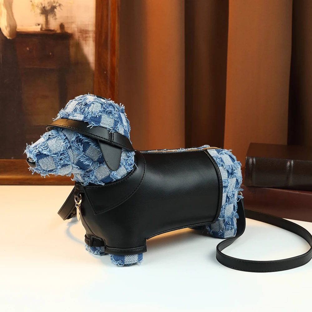 Trend 2026 Y2K Harajuku Dachshund Dog Crossbody Bag Women Acubi Fashion Denim Leather Shoulder Bag Novelty 3D Animal Purses