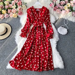 YuooMuoo Korean Fashion Cherry Print Women Dress 2025 New Spring Vintage Bandage Slim Waist Long Dress Elegant Party Vestidos
