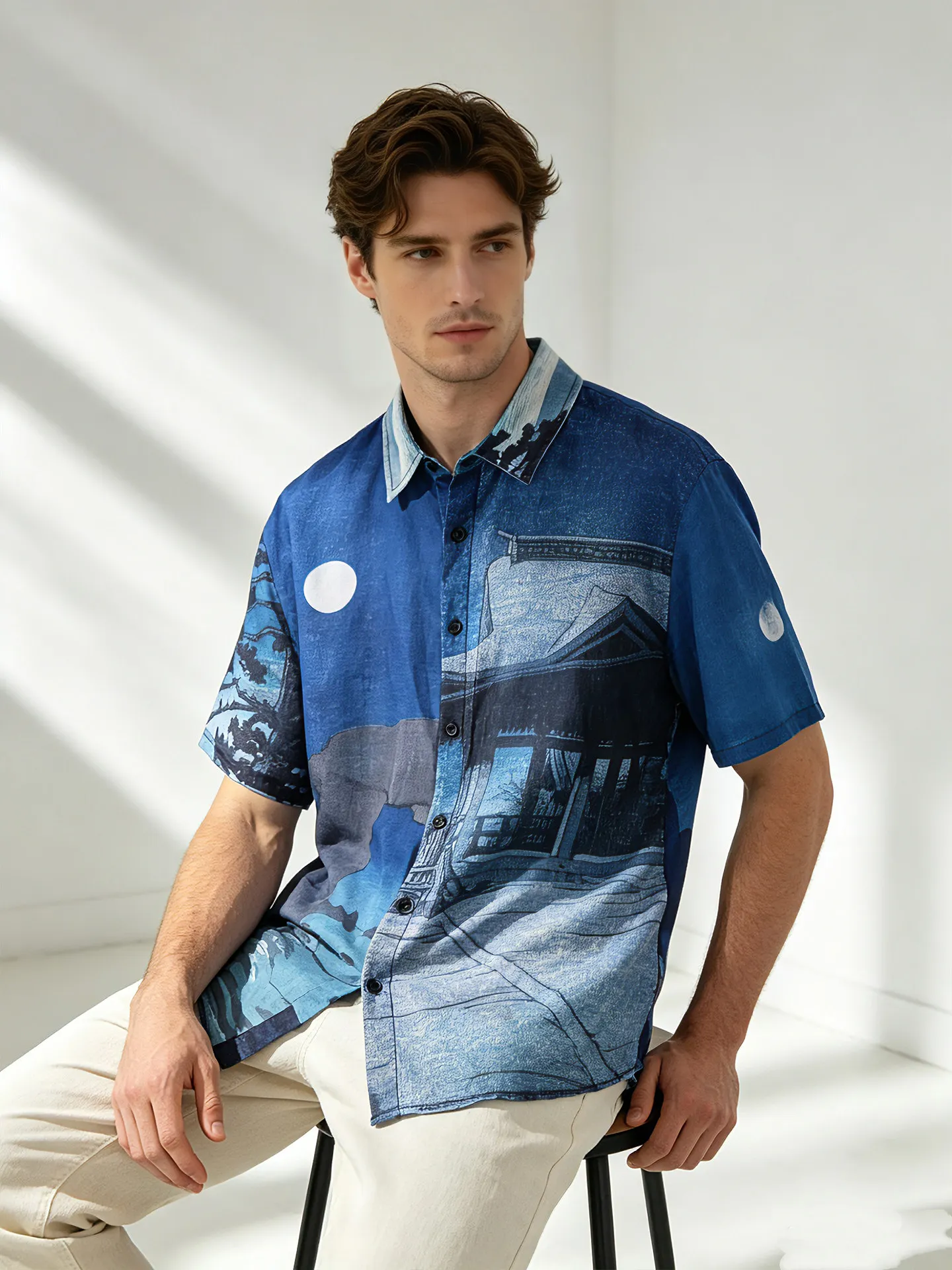 Summer Men Japanese Ukiyo-e Moon Landscape Building Print Short Sleeve Shirt Vintage Blue Loose Casual Lapel Blouse
